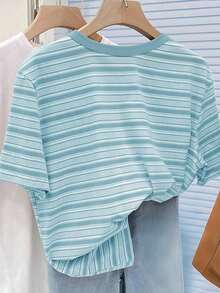 Summer & Autumn Casual Fashion Girl Retro Colorful Striped Strawberry Print Round Neck Short Sleeve Casual T-Shirt, Comfortable Summer & Autumn Style Suitable For Girls Daily Wear, Casual Round Neck Top Minimalist Colorful Striped Suitable For Women And Girls Everyday Casual, Fashion All Season Vacation Outfit - Multicolor - View 2