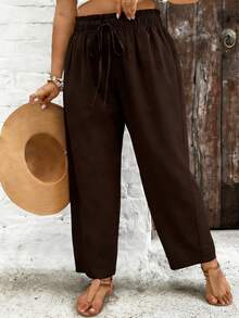 SHEIN VCAY Quần ống côn dáng rộng thoải mái, màu trơn dành cho nữ, cạp chun, kiểu dáng thường ngày. - màu nâu - Xem 3