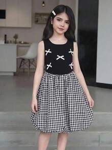 SHEIN 少女休闲格子吊带连衣裙，夏季穿搭，柔软时尚的设计，适合度假、旅行、校园和日常穿着。 - 黑色 - 查看 7