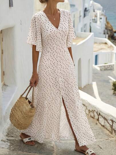 Wandoria Apricot Base Brown Polka Dot V-Neck Waist Gathered A-Line Button Decor Hem Slit Elastic Waist Adjustable Puff Sleeve Ruffle Sleeve Short Sleeve Romantic Polka Dot Maxi Dress, Elegant Vintage French Office Commute Business Casual Versatile Retro Aussie Comfy Casual Beach Holiday Street Afternoon Tea Valentine's Day Boho Spring Summer New