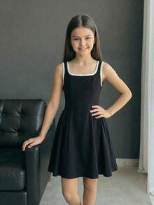 SHEIN Girls' Summer New Arrival Black & White Patchwork Sleeveless A-Line Dress, Sweet & Cute Daily Outfit - Black and White - View 4