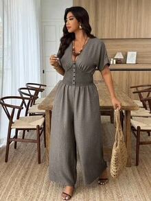 SHEIN LUNE Plus Size Women's Shirred Batwing Sleeve Jumpsuit With Buckle Waist Closure, Casual - Army Green - View 5