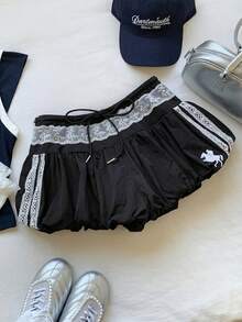 Comfortcana Quần short nữ kiểu dáng phồng, phối ren, buộc dây, thời trang xuân/hè 2026, màu đen, thích hợp mặc đi biển, phong cách nghỉ mát, hơi hướng Y2K. - màu đen - Xem 3