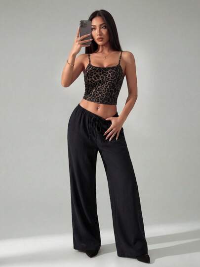 SHEIN PETITE Women's Black Solid Color Linen Low-Waist Straight-Leg Casual Pants, Suitable For Vacation, Petite Version,Black Pants,Black Pant