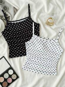 2pcs/Set Tween Girls' Polka Dot Print Fitted Camisole Tops, Casual & Versatile - Black and White - View 1