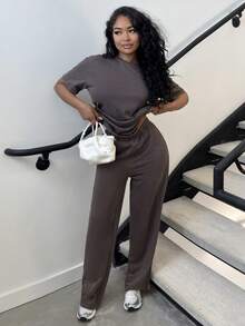Alexandranx Autumn/Winter Casual Homewear Set: Crew Neck Short Sleeve Top And Straight Leg Distressed Loose Pants - Brown - View 1