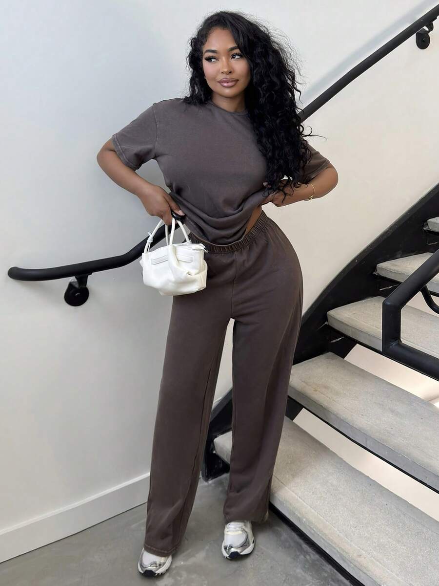 Alexandranx Autumn/Winter Casual Homewear Set: Crew Neck Short Sleeve Top And Straight Leg Distressed Loose Pants - Brown - View 1