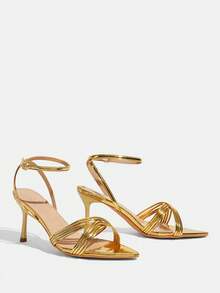 CUCCOO TILAWA Glossy Gold Pointed Toe Lace-Up Stiletto Heels, Versatile Dress Sandals For Commute & Date - Gold - View 3