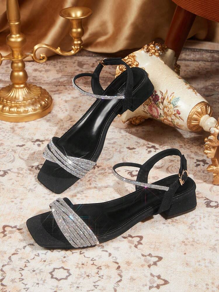 CUCCOO TILAWA Women's Square Toe Black Rhinestone Embellished Thick Strap Sexy Chunky Heel Sandals