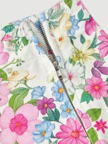 SHEIN MOD Women's Floral Print Pleated Casual Versatile Date & Outing Denim Mini Skirt - Multicolor - View 3