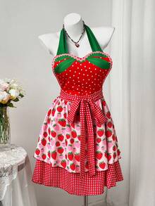 Sweetra Vestido de sirvienta lindo con parches de cuadros rojos y verdes en talla grande - Multicolor - Ver 3