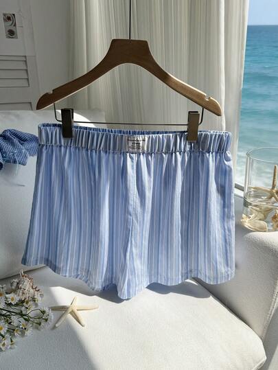 Comfortcana Plus Size Blue & White Striped Casual Vacation Shorts, Spring/Summer 2026 New Arrival