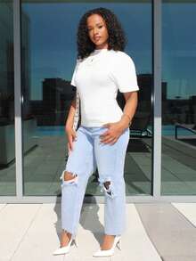 Steph T 女式夏季简约 Y2K 基本款日常休闲返校街头风弹力白色宽松褶皱短款 T 恤 - 白色 - 查看 5