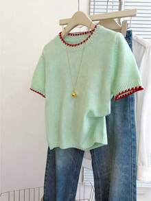 SHEIN LUNE French Retro Loose Round Neck Short Sleeve Colorblock Knit Top For Women,Mint Green,Summer,Casual,School Cute Sweater Light Green Elegant Blouse - Green - View 3