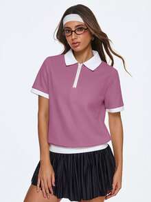 Gameset SHEIN Sport 女士撞色滚边半拉链短袖运动Polo衫，夏季 - 粉色 - 查看 3