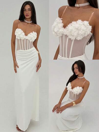 Aloruh Valentine's Day White Party Sexy Banquet Strapless 3D Floral Fishbone Sheer Ruched Dress For Women