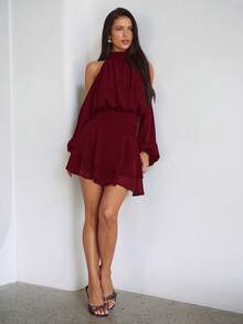 Aloruh Purple-Red Long Sleeve Off-Shoulder Dress, Casual Commuter Elegant Dress With Small Stand Collar, Spring - Burgundy - View 5