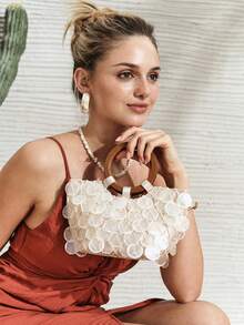 SHECARRY Ladies, Women Imitation Round Seashell Pieces Top Handle Bags, Wooden Handle, Fashionable, Elegant, Simple, Personalized, Versatile, For Beach, Vacation, Holiday, Summer, Seaside, Beach Party - Beige - View 7