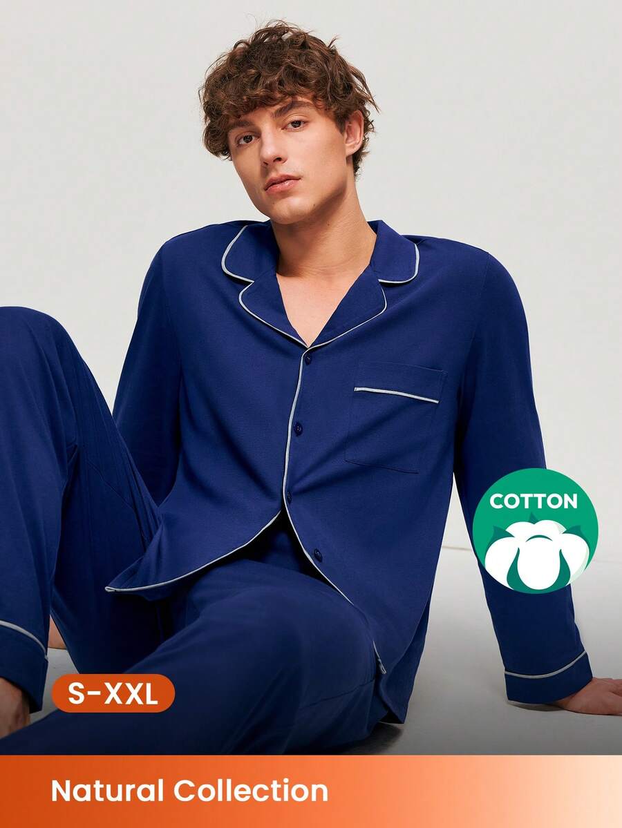 LUVLETTE Spring And Summer Soft 100% Pure Cotton Navy Blue Basic Long Button-Up Top & Pants Pajama Sets For Men Lounge Sets For Men Pants With Pockets Pyjama Cotton Pajamas - Navy Blue - View 1