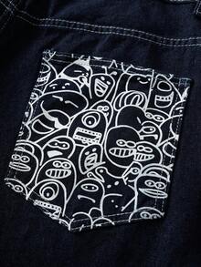 Manfinity Joysei 男士时尚口袋印花宽松牛仔裤 - 深色水洗藍 - 查看 5