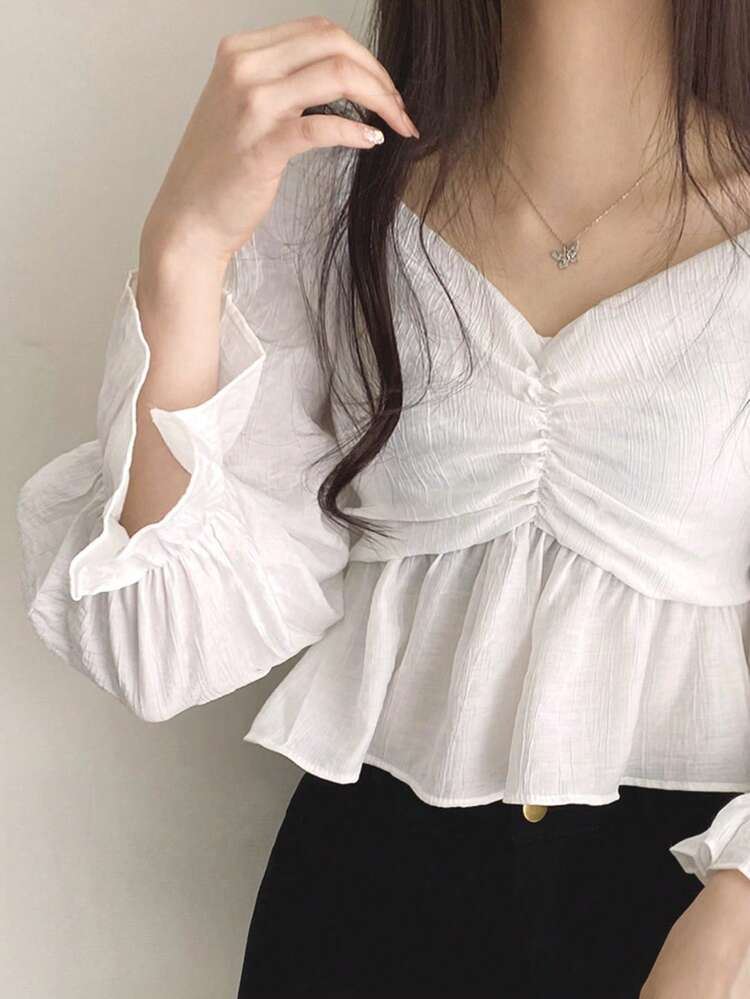 Blusa con volantes en el busto, mangas con volantes, top con peplum, volantes, ropa de otoño, top de manga larga, top tipo babydoll