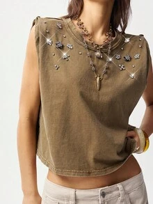 Bohemela Áo tank top nữ cổ tròn dệt kim màu trơn phong cách Boho, đính đá lấp lánh, kiểu dáng ôm sát. - Màu nâu  Mocha - Xem 5