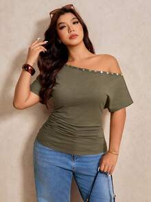 Elaquor Áo thun mùa hè cỡ lớn, màu trơn, cổ bất đối xứng, trang trí nút - màu xanh lá - Xem 6