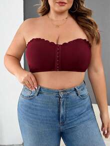 SHEIN CURVE+ 大码女装/秋季服装/女士秋季服装/女士冬季服装/大码女士前扣露脐上衣，性感修身吊带背心，女士秋季服装，冬季，大码 - 酒紅色 - 查看 5
