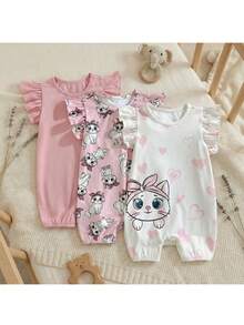 Loomiva 3pcs Baby Girl Cartoon Animal Print Soft Knit Ruffle Collar Sleeveless Romper & Shorts Set - Pink - View 1