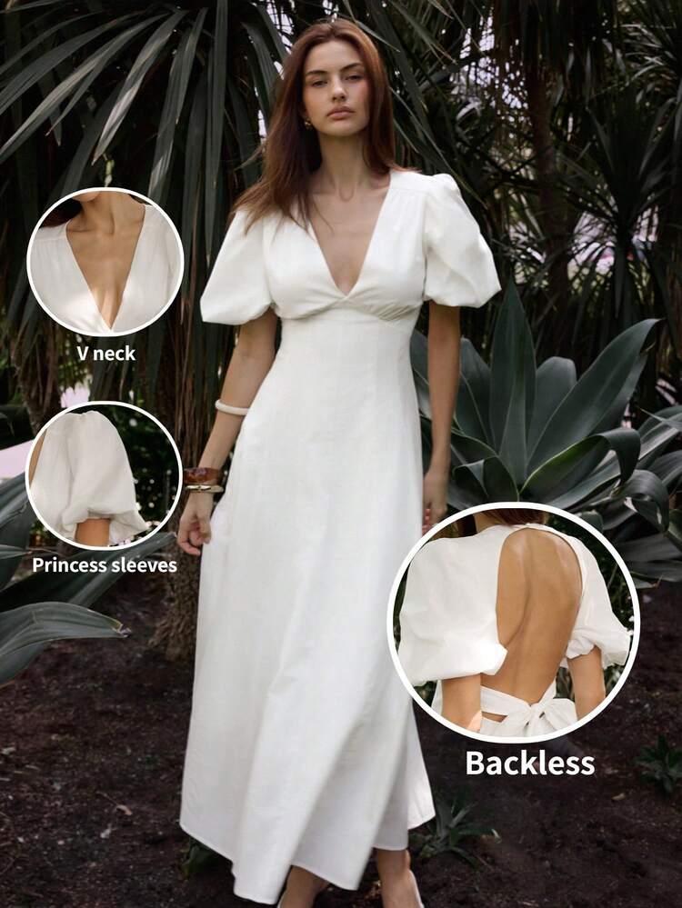 SHEIN Maija Women's Solid Color Deep V-Neck Short Petal Sleeve Backless Midi Dress, Summer Dress, Summer Outfits, Summer Dresses For Women, Summer Clothes, Summer Outfit For Women, Spring Clothing, Spring Dress , Spring Women, Festival Dress, Elegant Dresses For Party, Elegant Party Dresses, Wedding Guest Dress For Women, Wedding Party Dress, Weddings & Events, Bridesmaid Dress, Wedding Guest Party Dress, White Dresses , Backless Design With Puff Sleeves
