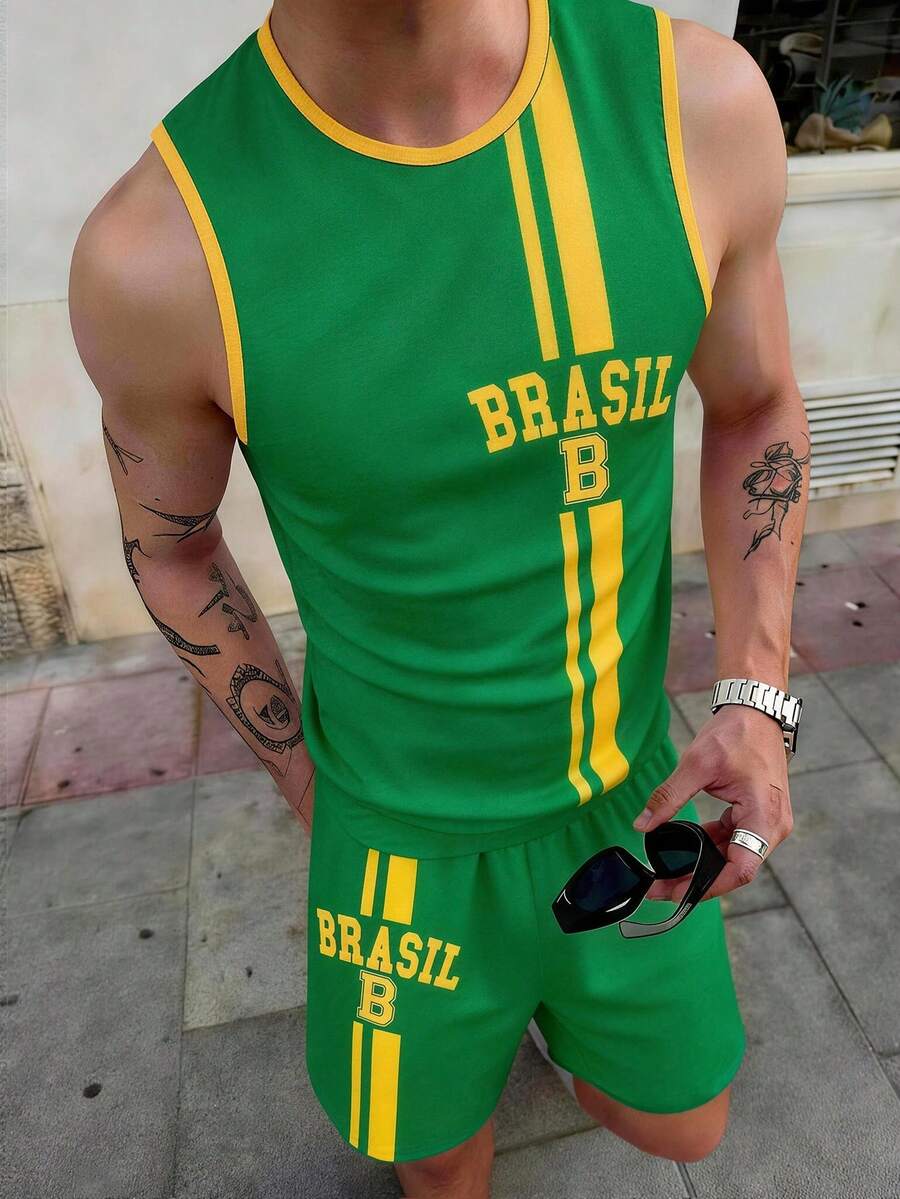 Manfinity Campus Court Conjunto de camiseta y pantalones cortos de verano casual y deportivo para hombres con estampado de letras en contraste de color, regalo para salida de fútbol y vacaciones, conjunto de jersey, chaleco y pantalones cortos en color amarillo y verde de Brasil, de primavera a verano, verano, vacaciones, vintage, salir, fiesta, festival, regalo para mi novio, ropa urbana, entrenamiento - Multicolor - Ver 1