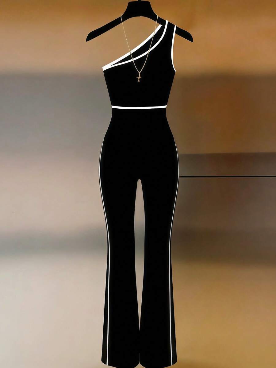 Islaluna Black & White Splice Jumpsuit, Waist Cinched Silhouette, Accentuates Body Proportions - Black and White - View 1