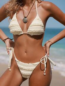 Swim Mod Women's Solid Color Multi-Layer Frill Tie-Front Bikini Bottom - Pink - View 1