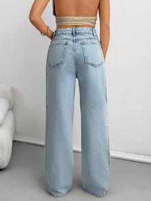 Women Washed Detail High Waist Wide Leg Denim Jeans - Light Wash - View 2