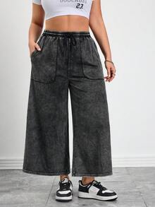 SHEIN CURVE+ 大码休闲水洗抽绳腰阔腿牛仔裤，春夏嘉年华服装通勤度假毕业时尚Y2K可爱街头风派对婚礼优雅商务休闲女式大码阔腿裤，带松紧腰带和口袋，水洗黑色 - 黑色 - 查看 3
