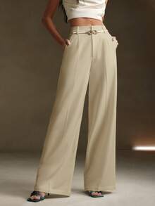 Anewsta Petite Pantalon de costume moderne urbain de couleur unie avec décoration métallique, nouvelle collection printemps - Crème - Voir 7