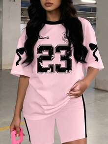 Slaydiva Plus Size Summer Casual Bow & Numeric Print T-Shirt And Shorts 2pcs Set - Baby Pink - View 7