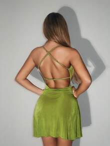 SHEIN ICON Fitted Glitter Velvet Backless Waist Cinched Mini Dress - Green - View 4