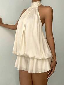 Aloruh Đầm ngắn cổ yếm màu vàng nhạt thanh lịch dành cho nữ - Màu be - Xem 4