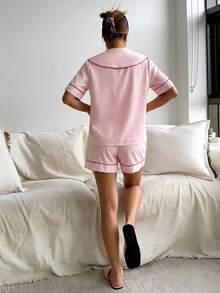 Aloruh Conjunto feminino de férias de duas peças: blusa de manga curta com amarração frontal e shorts, primavera/verão. - Caqui - Ver 2
