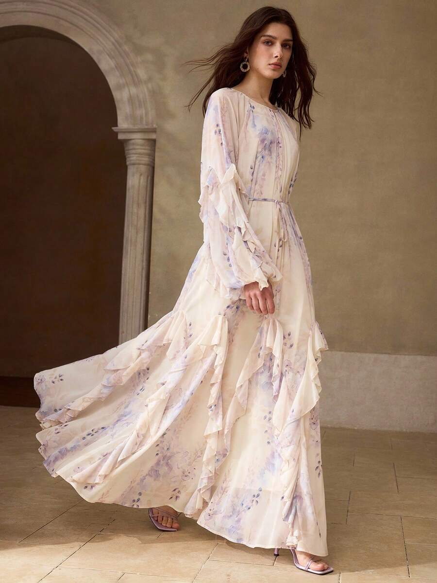 MOTF PREMIUM NUEVO LLEGADO DE PRIMAVERA Y VERANO VESTIDO MAXI ELEGANTE Y ROMÁNTICO DE ESTILO VACACIONAL PARA MUJER CON ESTAMPADO FLORAL MORADO Y ROSA, MANGA LARGA, CUELLO REDONDO, DOBLADILLO SUELTO CON VOLANTES - Morado - Ver 1