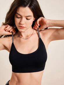 女士无钢圈运动文胸，法式健身瑜伽交叉肩带背心 - 黑色 - 查看 4