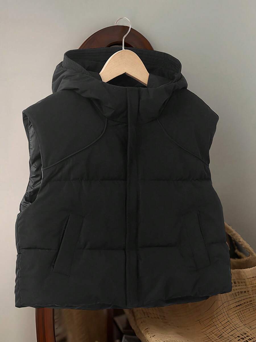 SHEIN Tween Boy Thick Street Casual Outdoor Vest, Essential Outerwear Jacket For Autumn/Winter, Christmas, Thanksgiving, Halloween Activities - Black - View 1