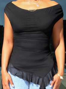 Steph T 女士休闲街头风音乐节露肩网纱荷叶边不对称下摆无肩带上衣，情人节 - 黑色 - 查看 3