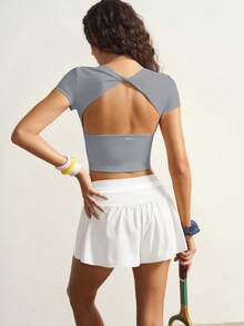 VARSIVA Áo tập thể dục nữ, áo thun thể thao ngắn tay màu trơn, áo corset thể thao ngắn tay mùa hè. - Xám - Xem 2