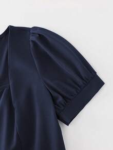 SHEIN Franclia Elegant Versatile Casual Commuter Navy Blue Button Decor Waist Cinched Midi Dress For Women, Spring/Summer - Navy Blue - View 3