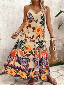SHEIN Holidaya 大码女式卡其色花鸟印花宽松吊带长裙，休闲通勤时尚优雅百搭甜美约会别致复古海滩度假夏季新款 - 卡其色 - 查看 1