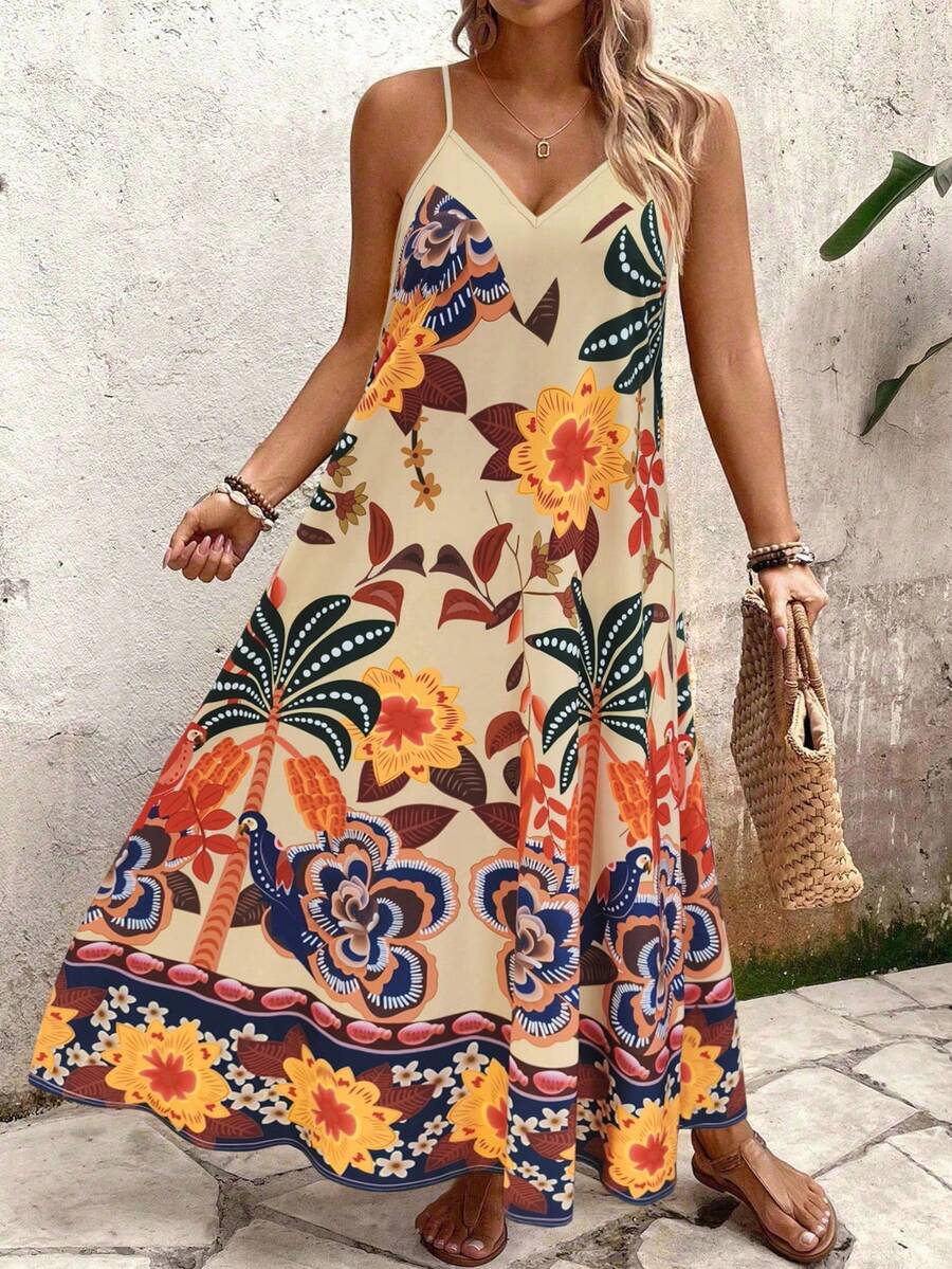 SHEIN Holidaya 大码女式卡其色花鸟印花宽松吊带长裙，休闲通勤时尚优雅百搭甜美约会别致复古海滩度假夏季新款 - 卡其色 - 查看 1