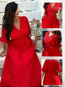 Ceyna Plus Size Lace Patchwork V-Neck Ruffle Hem A-Line Dress, Suitable For Beach Resort Wear, Wedding Season, Spring And Summer - Red - View 1
