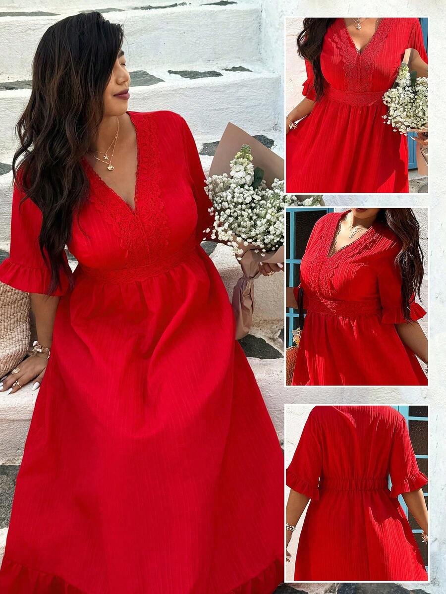 Ceyna Plus Size Lace Patchwork V-Neck Ruffle Hem A-Line Dress, Suitable For Beach Resort Wear, Wedding Season, Spring And Summer - Red - View 1